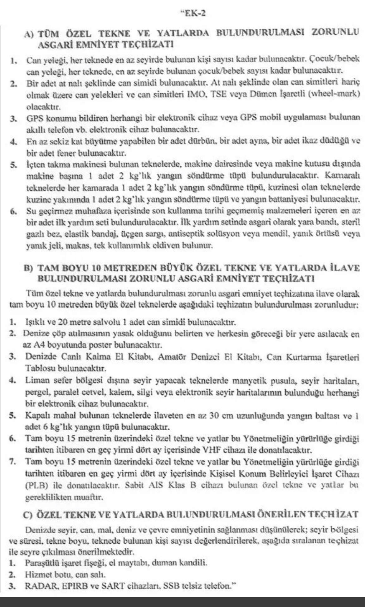 3 Temmuz 2026 Özel Teknelerde Bulunması gereken donatılar
